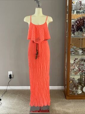 Trixxi Coral Spaghetti-Strap Maxi Dress with Waist Tie  EUC